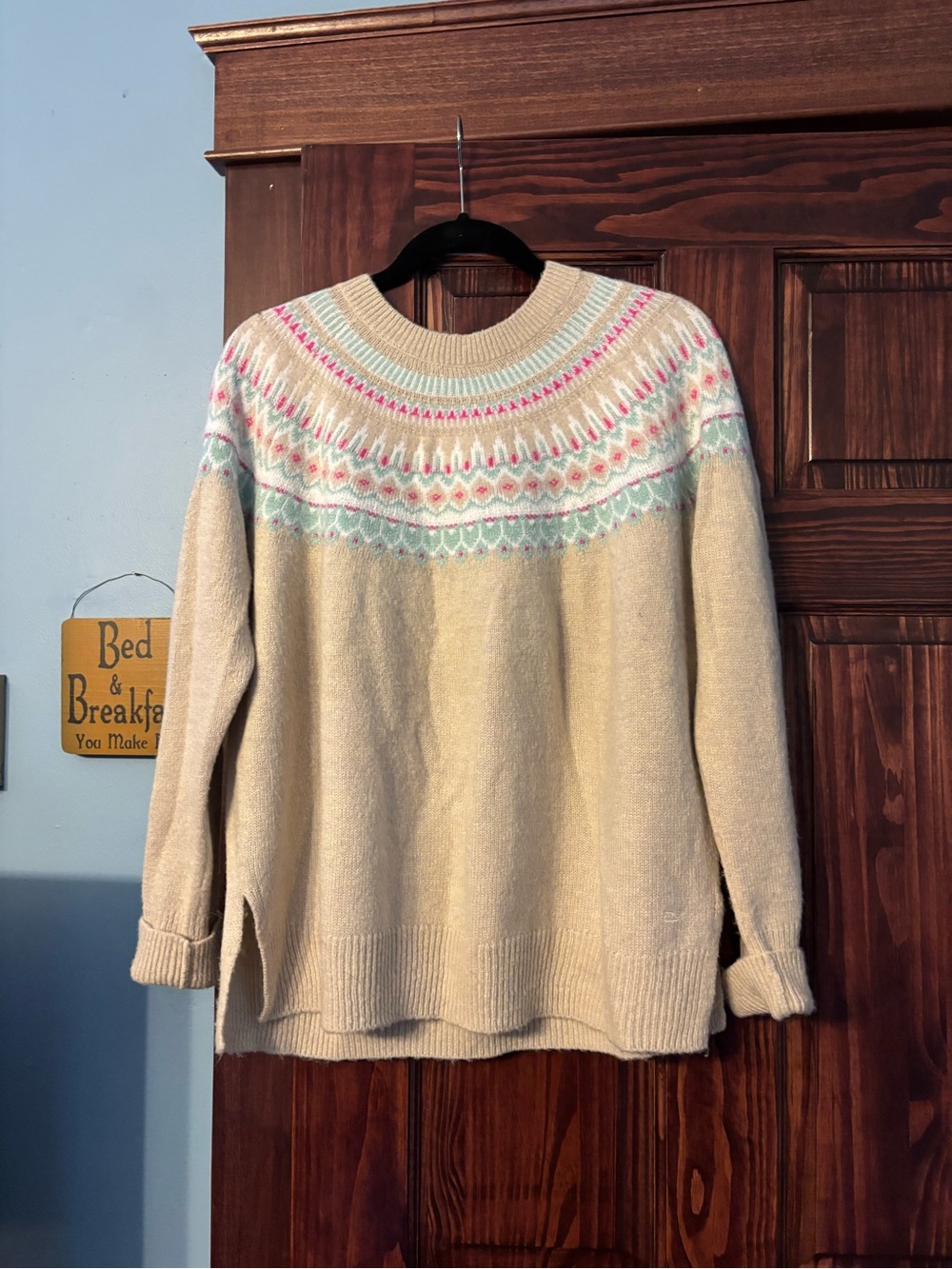 Vineyard Vines Cream Fair Isle Yoke Sweater with Pastel Pink & Mint